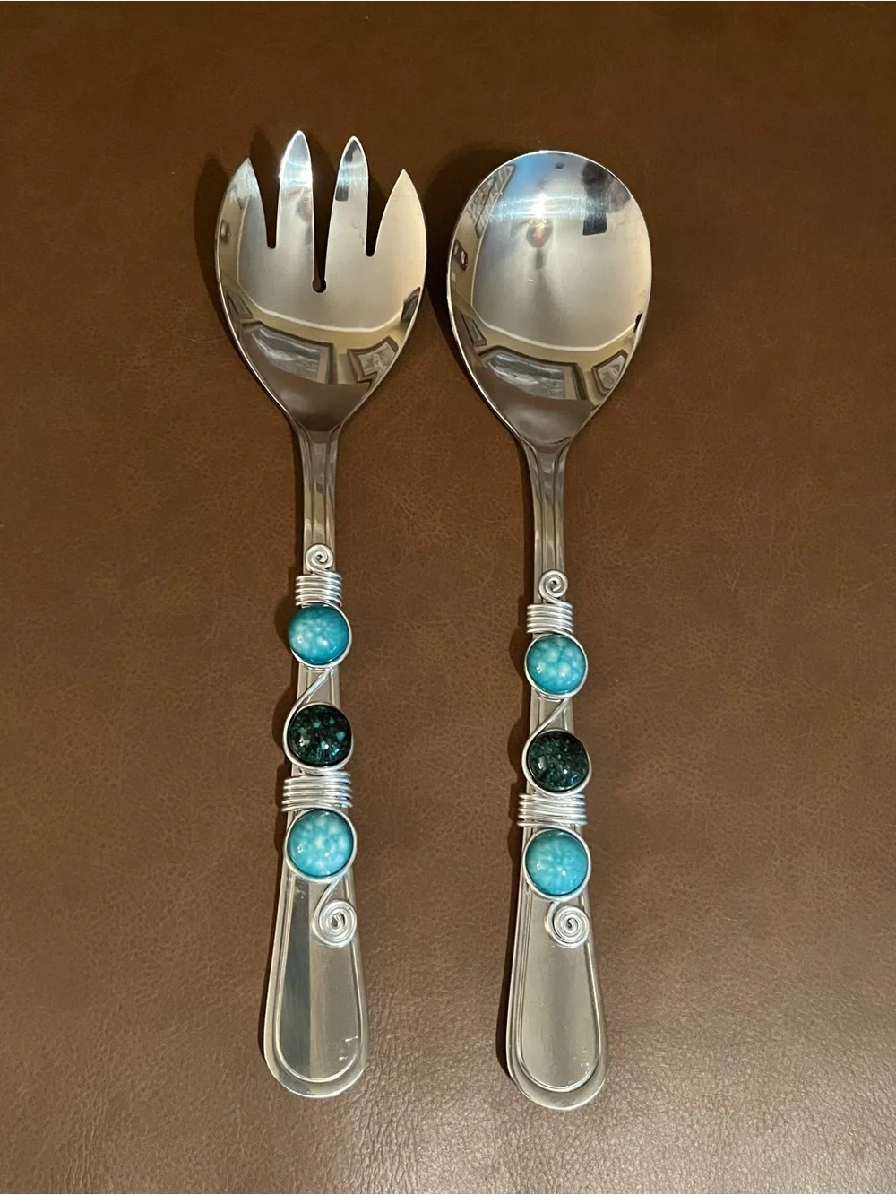 Wild Eye Designs Stainless Salad Servers Spoon and Fork w/ Blue Gem Stones
